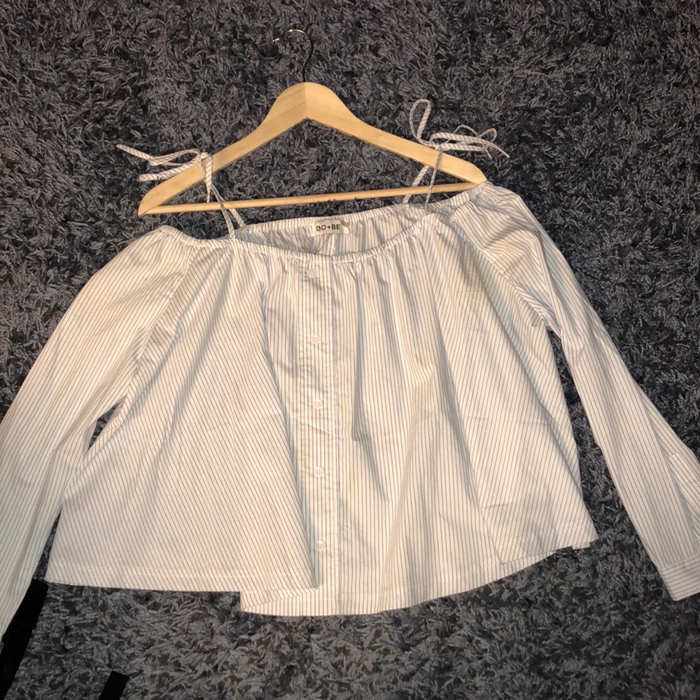 Striped white and blue top open shoulders